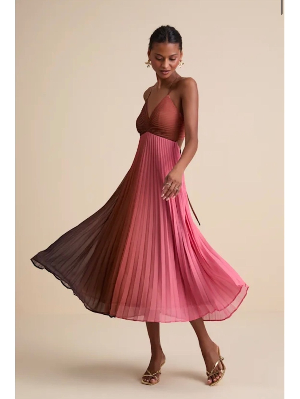 NWT Lulus Belisse Rust Ombre Pleated Lace Up Midi Dress Large